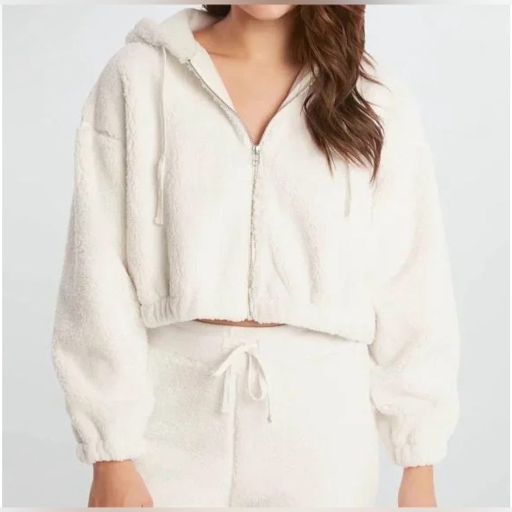 Sundown by Splendid Bowie Hooded Sherpa Crop Jacket in Ivory, Sz L (P2P 23”)
